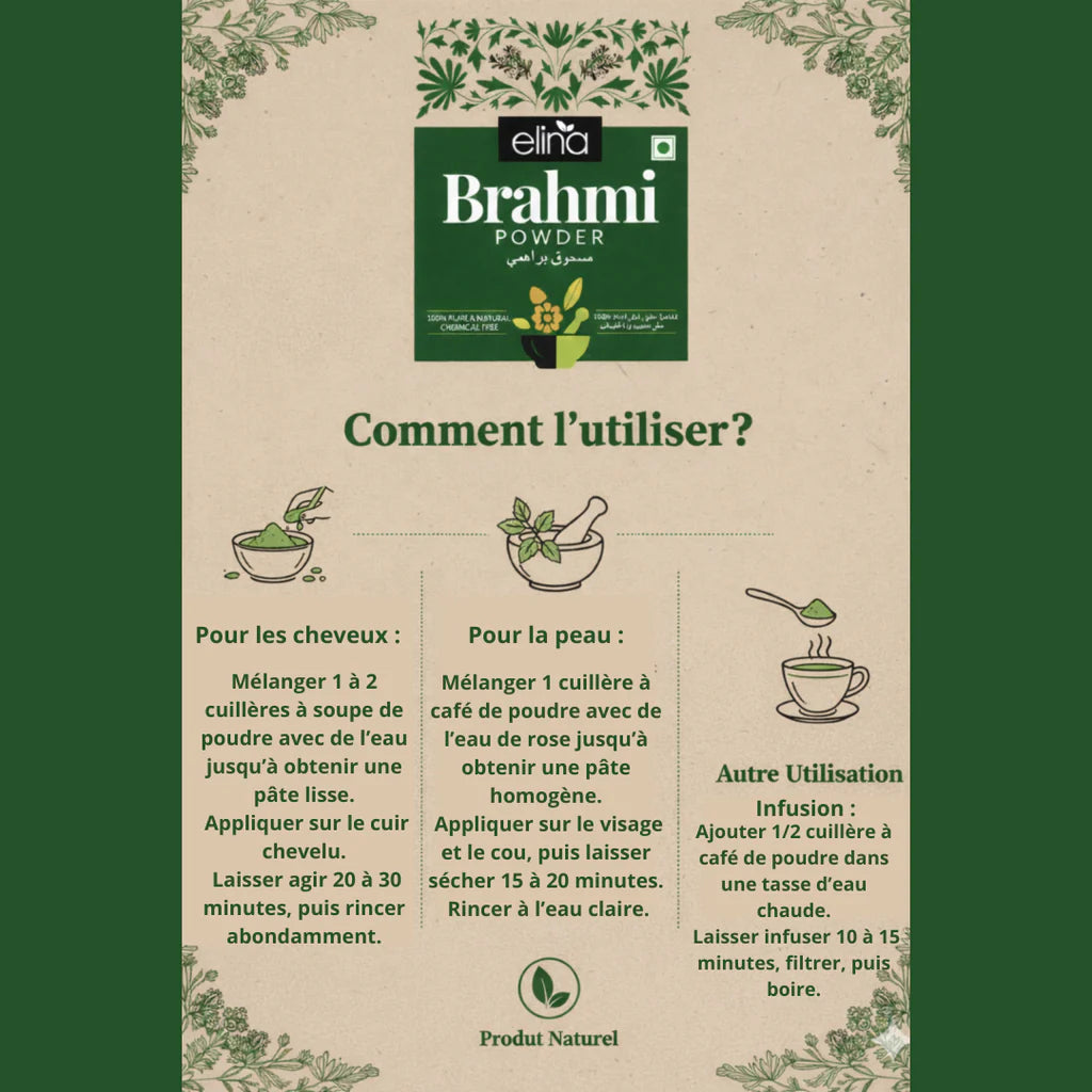 Brahmi en Poudre 100 % Naturelle – Soin Ayurvédique pour les Cheveux et la Pea